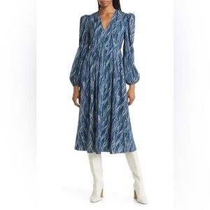 CHELSEA28 Pleated Puff Shoulder Long Sleeve Midi Dress Blue White Printed XL